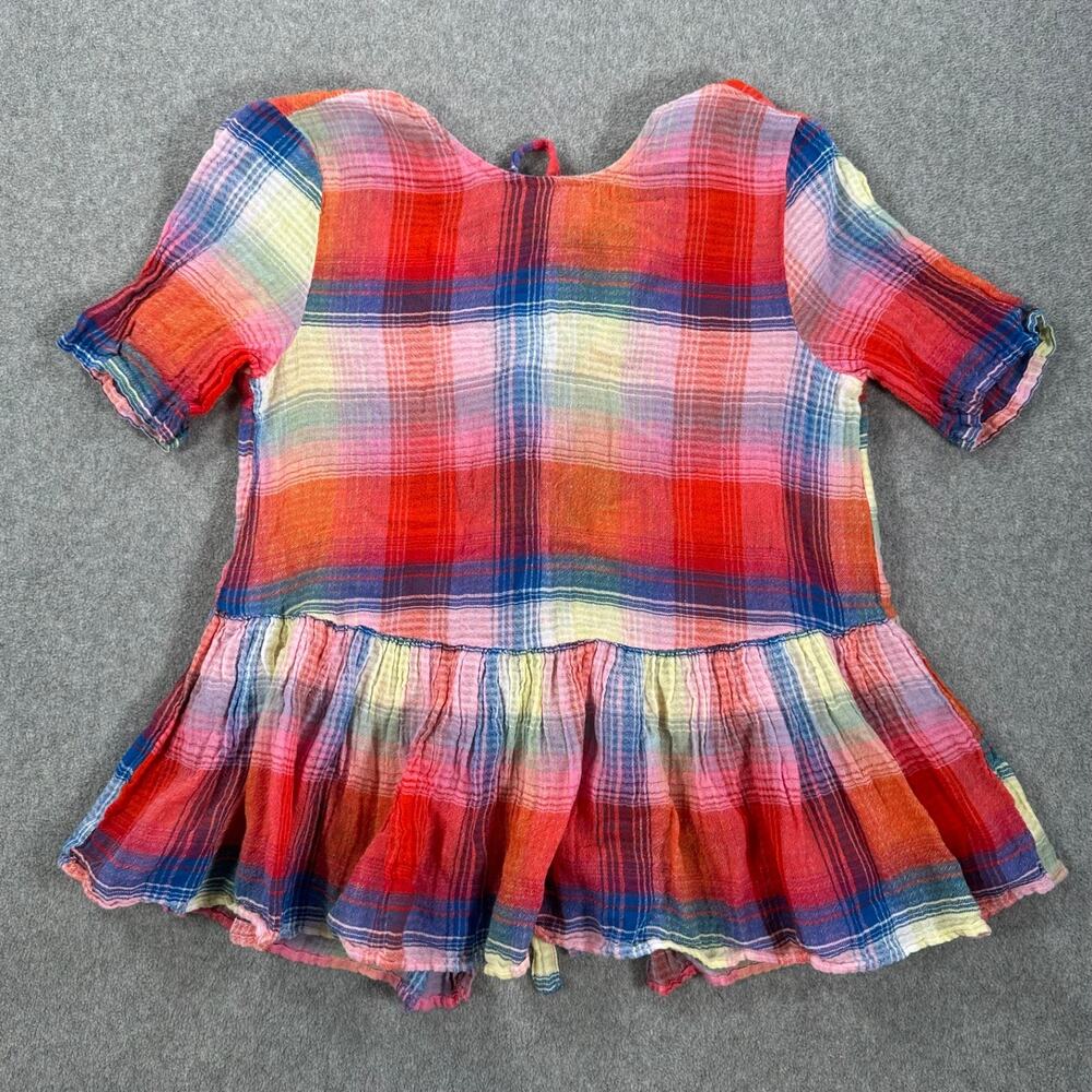 Zara Plaid Tie Back Peplum Shirt Womens Small Red Short Sleeve Ruffle Round Neck
